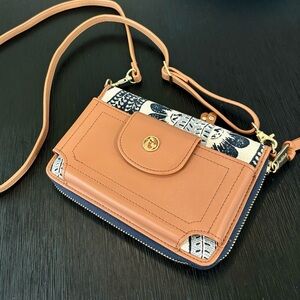 Spartina 449 Leather Tan and Navy Patterned Crossbody
